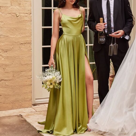 Lime Green Satin Formal Bridesmaids Prom Wedding Evening Dress 4 - Picture 1 of 5